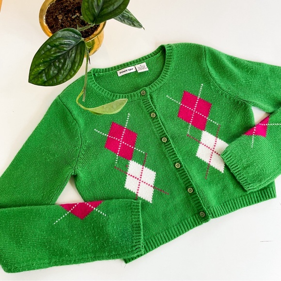 Vintage Tops - 90s VINTAGE Green & Hot Pink Argyle Crop Top Size Small